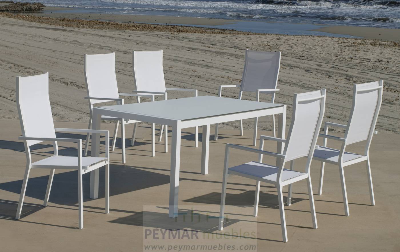 Set Córcega-160-6 Janeiro - Conjunto de aluminio para jardín: Mesa rectangular con tablero HPL de 160 cm + 6 sillones altos de textilen. Colores: blanco y antracita.