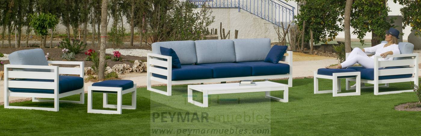 Conjunto lujo de aluminio color blanco, antracita, champagne, plata o marrón: 1 sofá de 3 plazas + 2 sillones + 1 mesa de centro + 2 taburetes.