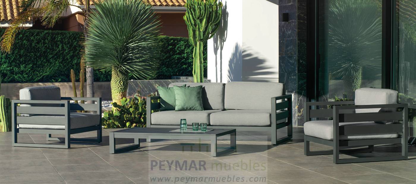 Set Aluminio Luxe Cosmos-9 - Conjunto lujo de aluminio color blanco, antracita, champagne, plata o marrón: 1 sofá de 2 plazas + 2 sillones + 1 mesa de centro + 2 taburetes.