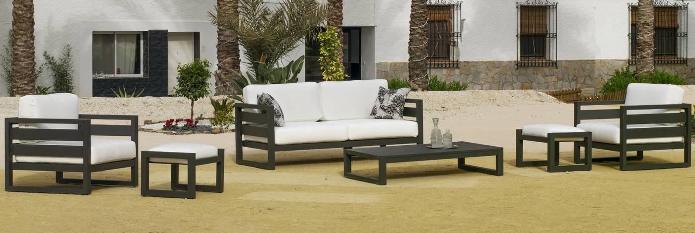 Conjunto lujo de aluminio color blanco o antracita: 1 sofá de 2 plazas + 2 sillones + 1 mesa de centro + 2 taburetes.