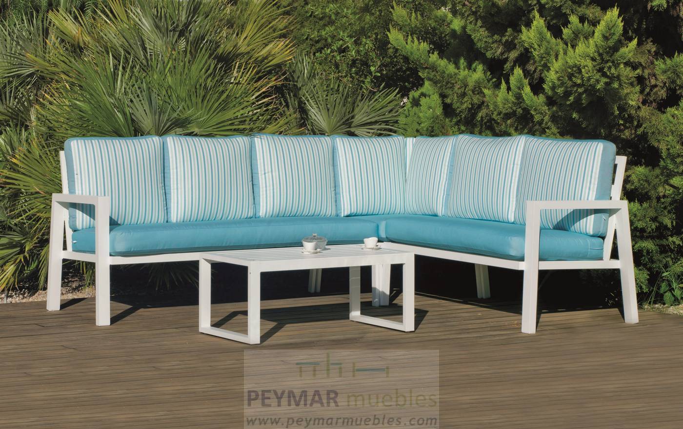 Rinconera Aluminio Dalia-27 - Rinconera modular de 6 plazas + mesa centro. Estructura aluminio color blanco o antracita.