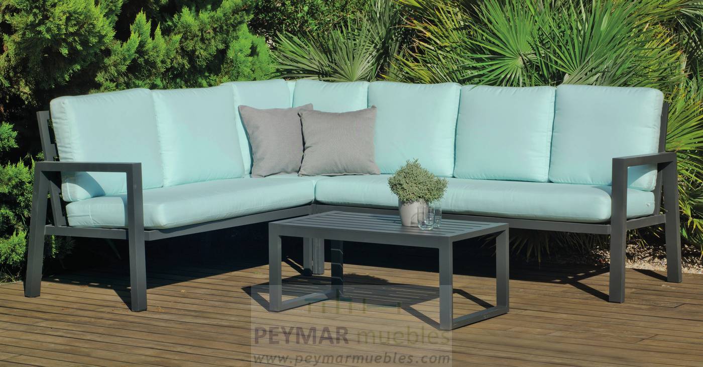 Rinconera modular de 6 plazas + mesa centro. Estructura aluminio color blanco o antracita.