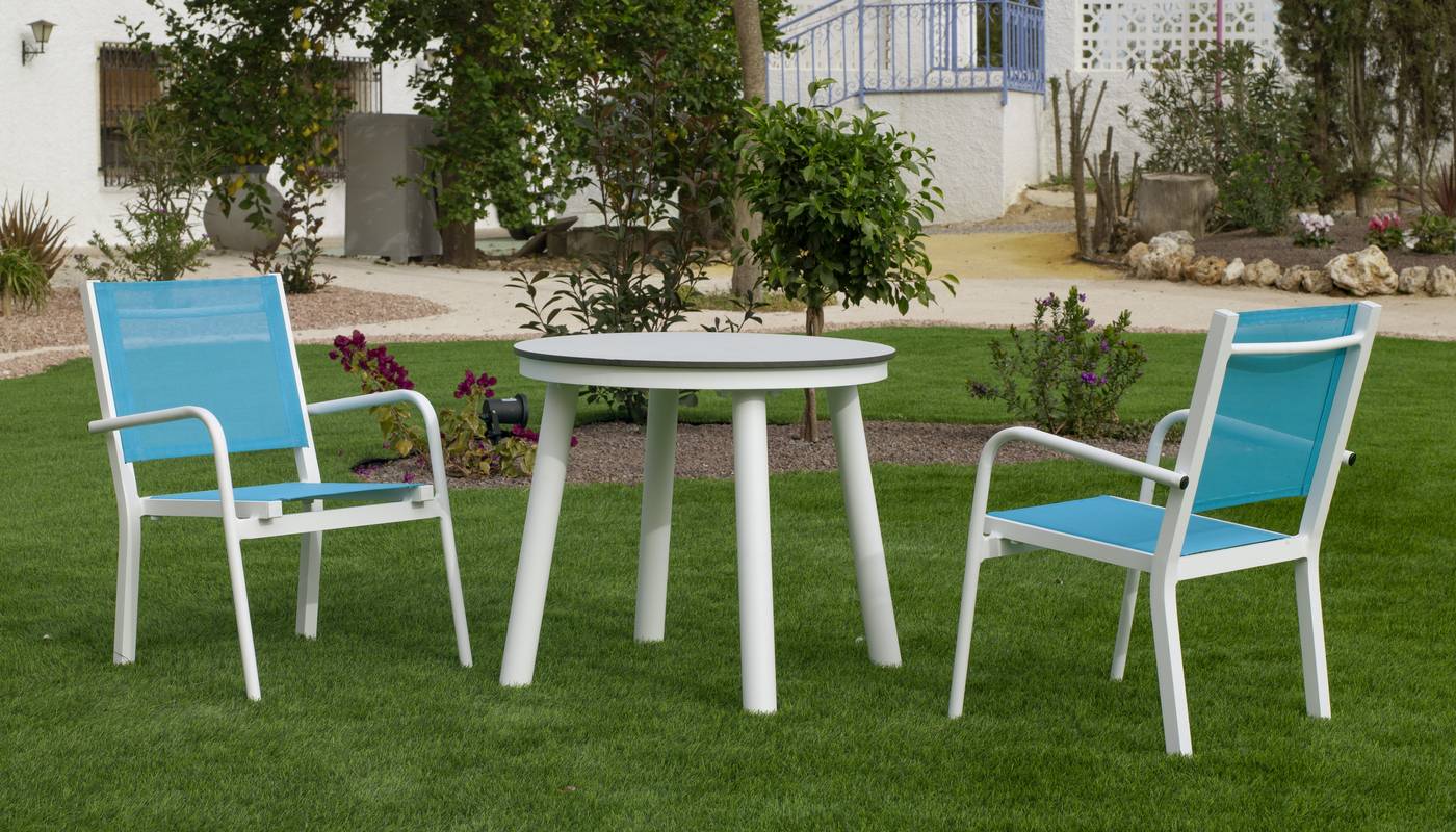Conjunto infantil de aluminio para jardín: mesa redonda con tablero HPL de 60 cm + 2 sillones de textilen.