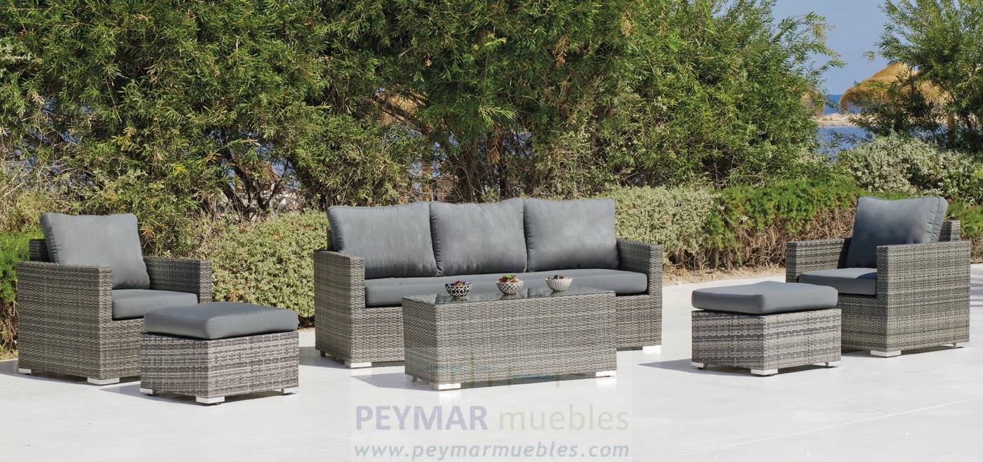 Conjunto Ratán Sint. Doha-7 - Cojunto de ratán sintético color mix-gris: 1 sofá 2 plazas + 2 sillones + 1 mesa de centro. Cojines dralón color gris.