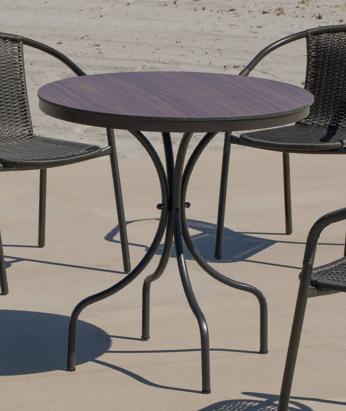 Set Dubay-75-4 Marsel - Conjunto aluminio color marrón: Mesa redonda con tablero HPL de 75 cm + 4 sillones con cojines.