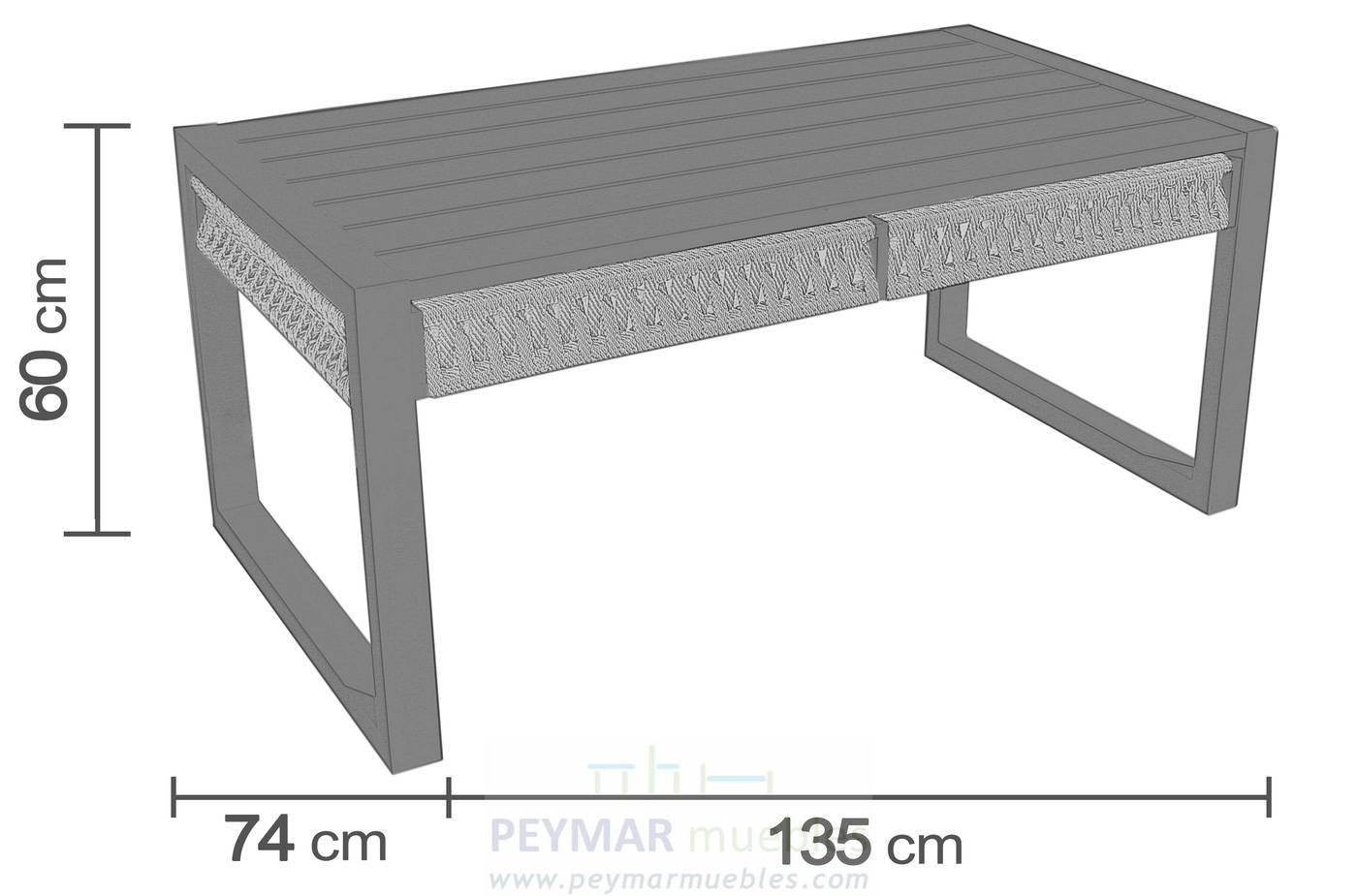 Mesa Centro Estambul-135 - Mesa de centro alta gran lujo de 135 cm. Hecho de aluminio y cuerda en color blanco, gris, marrón o champagne.