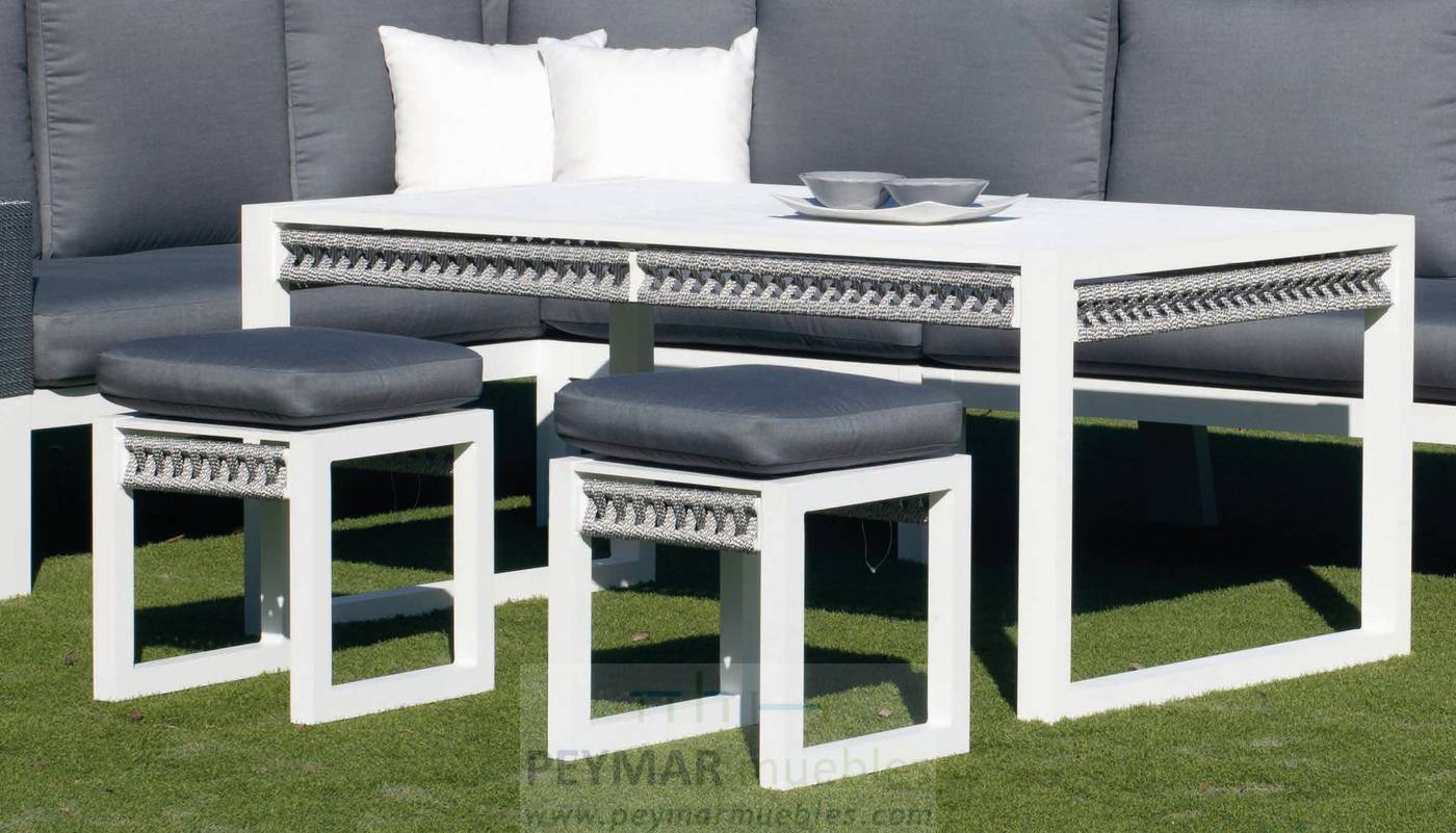 Rinconera Cuerda Havana-30 - Rinconera modular lujo de 6 plazas  +  mesa comedor + 2 taburetes. Fabricado de aluminio y cuerda en colores blanco, gris, marrón o champagne.