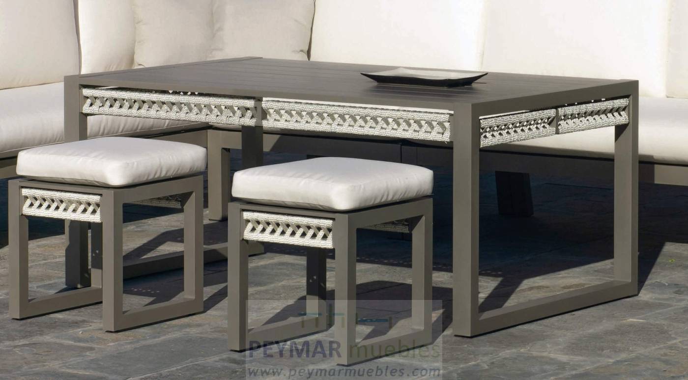 Rinconera Cuerda Estambul-30 - Rinconera modular lujo de 6 plazas  +  mesa centro + 2 taburetes. Estructura aluminio y cuerda en color blanco, gris, marrón o champagne.