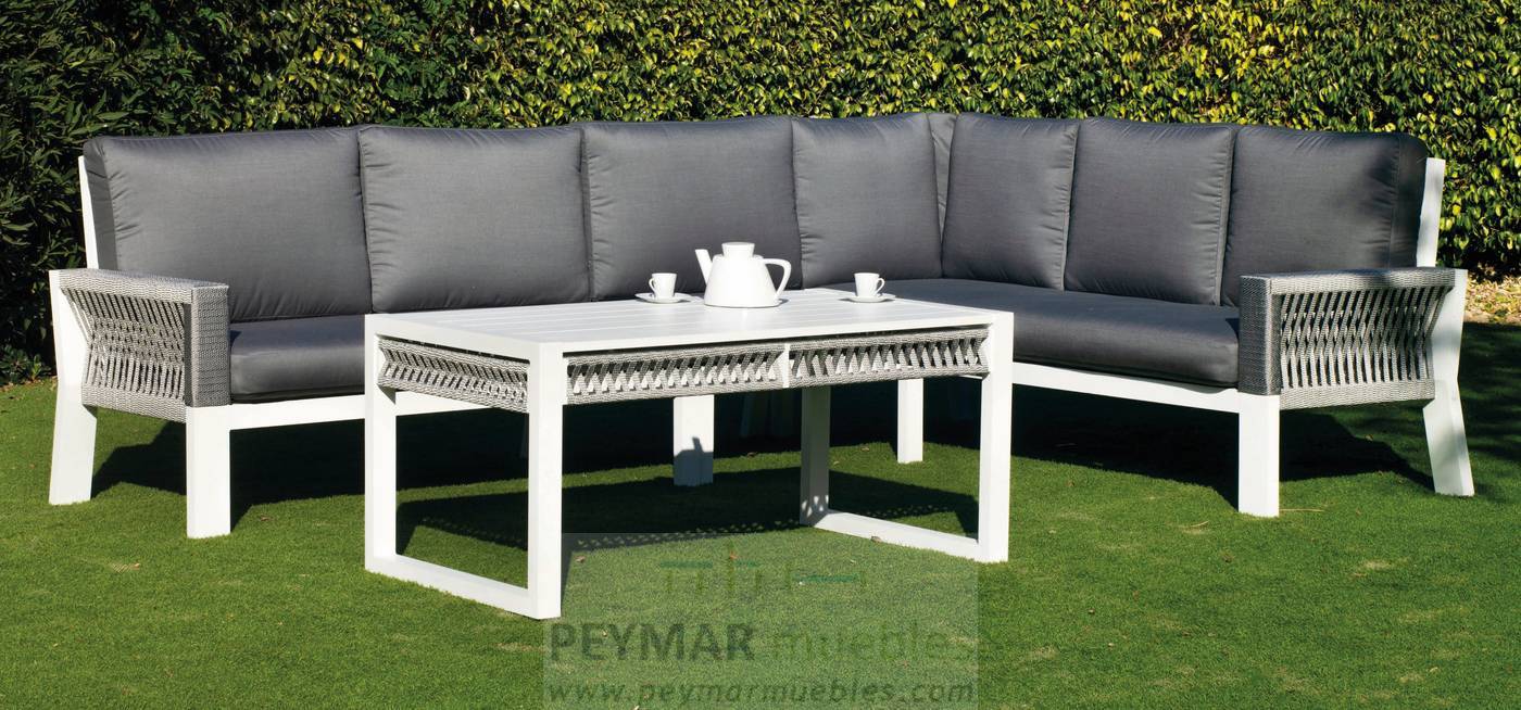 Rinconera Cuerda Estambul-27 - Rinconera modular lujo de 5 plazas  +  mesa centro. Estructura aluminio y cuerda en color blanco, gris, marrón o champagne.