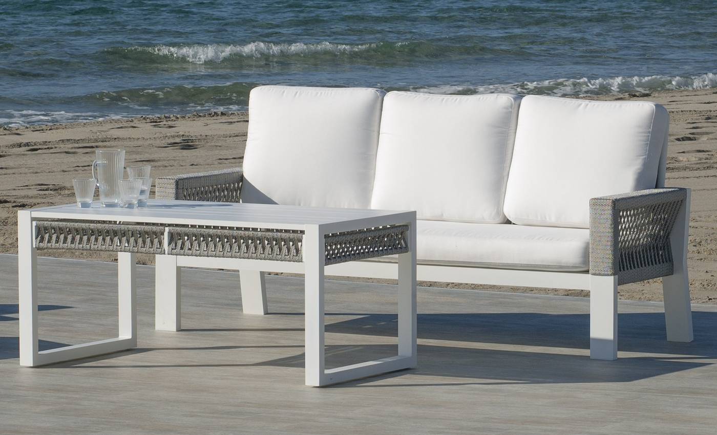 Set Aluminio Estambul-10 - Conjunto aluminio: 1 sofá de 3 plazas + 2 sillones + 1 mesa de centro + 2 taburetes. Disponible en color blanco, gris, marrón o champagne.