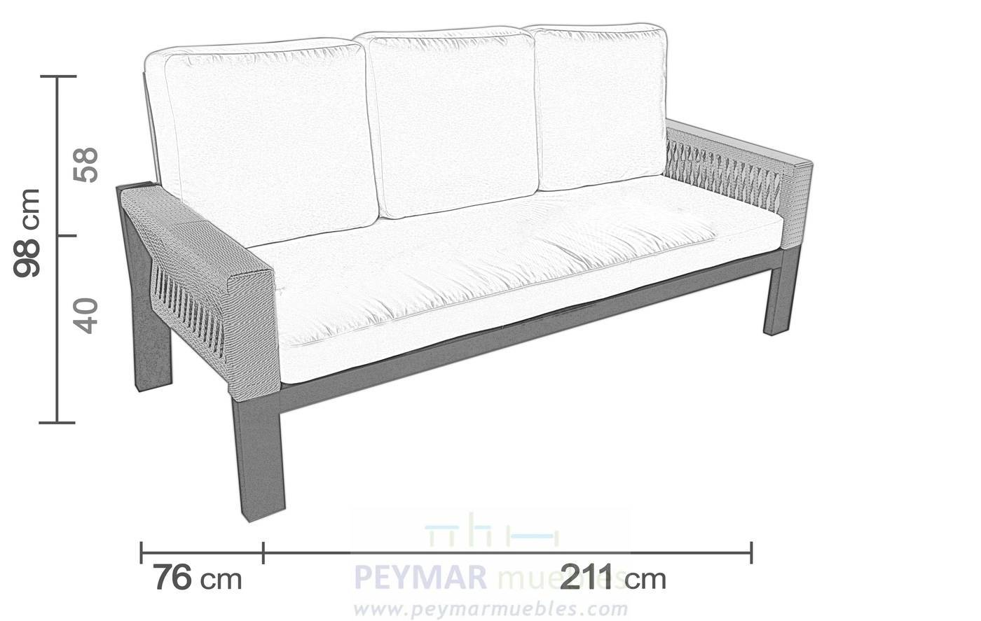 Sofá Cuerda Estambul-3 - Sofá relax 3 plazas gran lujo, con cojines desenfundables. Hecho de aluminio y cuerda en color blanco, gris, marrón o champagne.