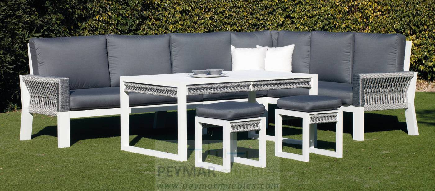 Rinconera Cuerda Estambul-30 - Rinconera modular lujo de 6 plazas  +  mesa centro + 2 taburetes. Estructura aluminio y cuerda en color blanco, gris, marrón o champagne.