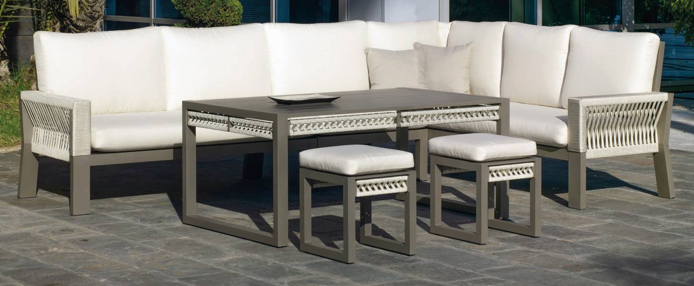 Rinconera modular lujo de 6 plazas  +  mesa centro + 2 taburetes. Estructura aluminio y cuerda en color blanco, gris, marrón o champagne.