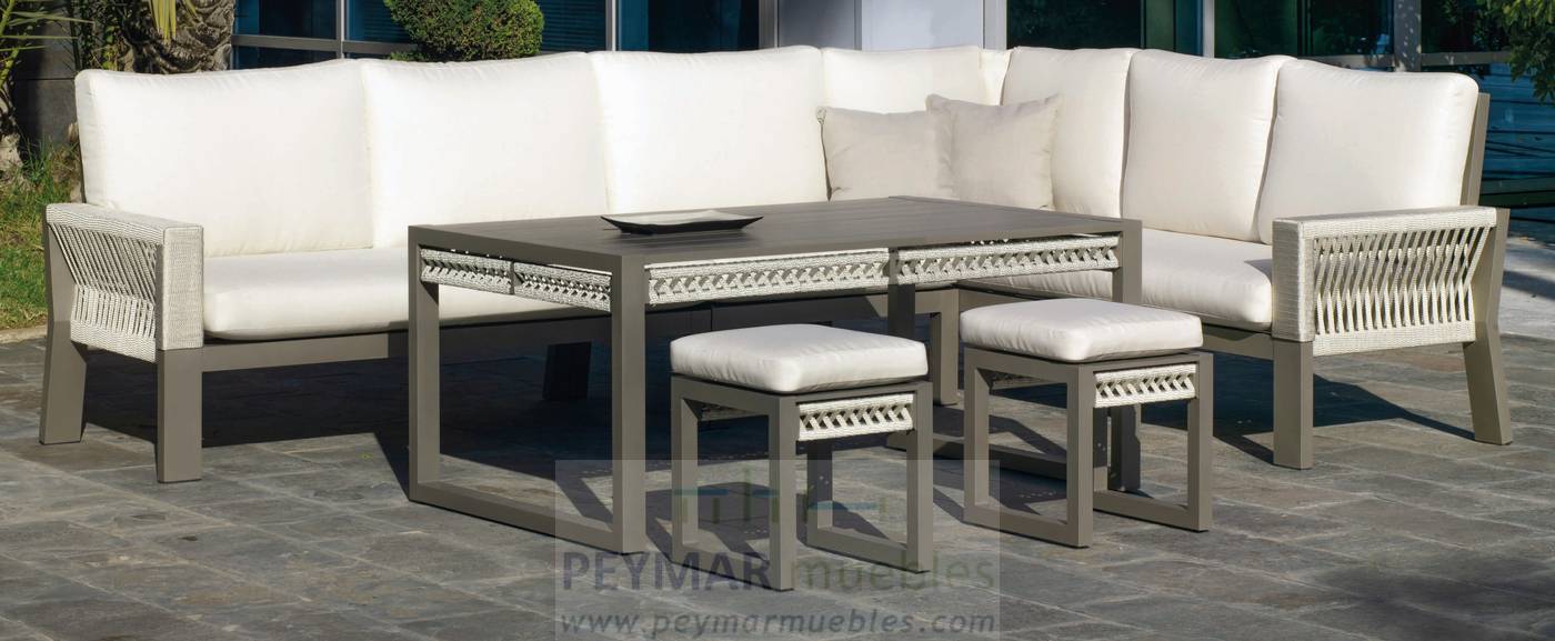 Rinconera modular lujo de 6 plazas  +  mesa centro + 2 taburetes. Estructura aluminio y cuerda en color blanco, gris, marrón o champagne.