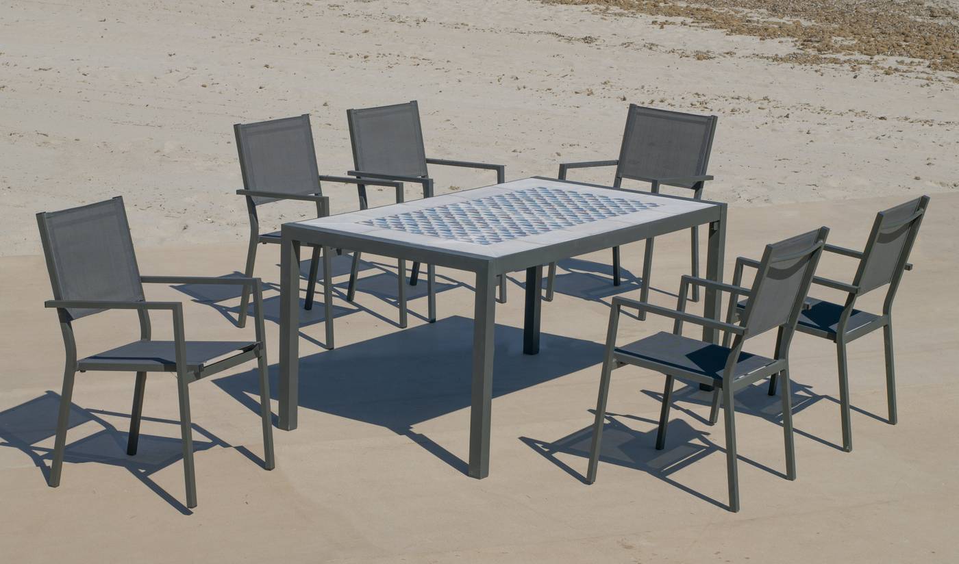 Conjunto de aluminio color antracita: Mesa rectangular con tablero mosaico de 160 cm + 6 sillones de textilen.
