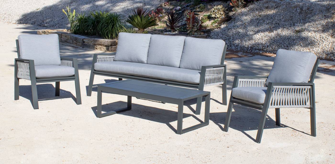 Set Aluminio Aldara-8 - Conjunto aluminio y cuerda: 1 sofá de 3 plazas + 2 sillones + 1 mesa de centro + cojines. En color blanco, gris, marrón o champagne.