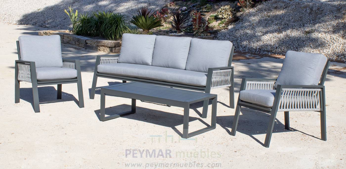 Conjunto aluminio y cuerda: 1 sofá de 3 plazas + 2 sillones + 1 mesa de centro + cojines. En color blanco, gris, marrón o champagne.