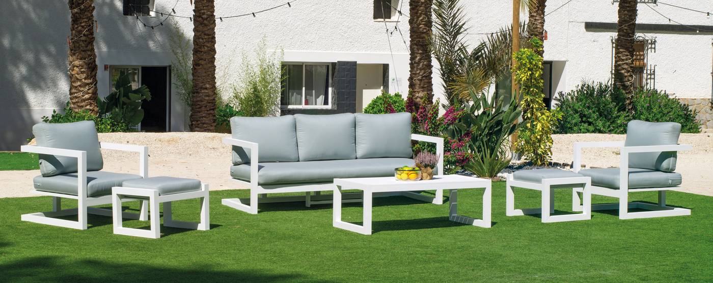 Set Aluminio Alhama-8 - Conjunto aluminio: 1 sofá de 3 plazas + 2 sillones + 1 mesa de centro. Disponible en color blanco, antracita, champagne, plata o marrón.