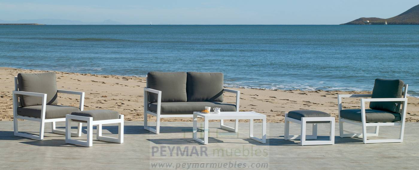 Conjunto de aluminio para exterior: sofá 2 plazas + 2 sillones + mesa de centro + 2 taburetes. Disponible en color blanco, antracita, champagne, plata o marrón.