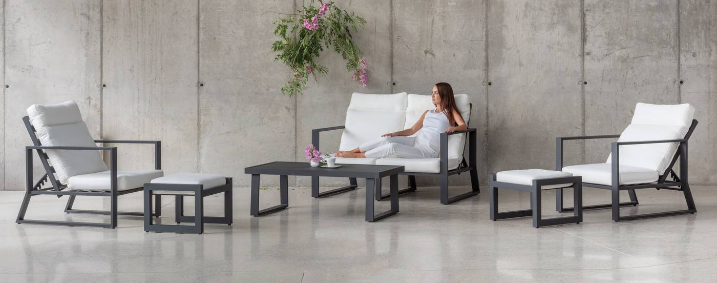 Set Aluminio Bolonia-640 - Conjunto aluminio: sofá 2 plazas + 2 sillones + mesa de centro + 2 taburetes. Respaldos reclinables. Colores: blanco, antracita, champagne, plata o marrón.