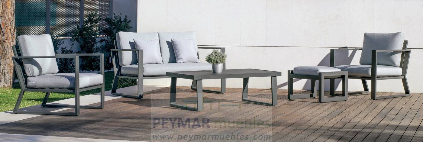 Conjunto aluminio  lujo: 1 sofá de 2 plazas + 2 sillones + 1 mesa de centro. Disponible en color blanco, plata, marrón, champagne o antracita.