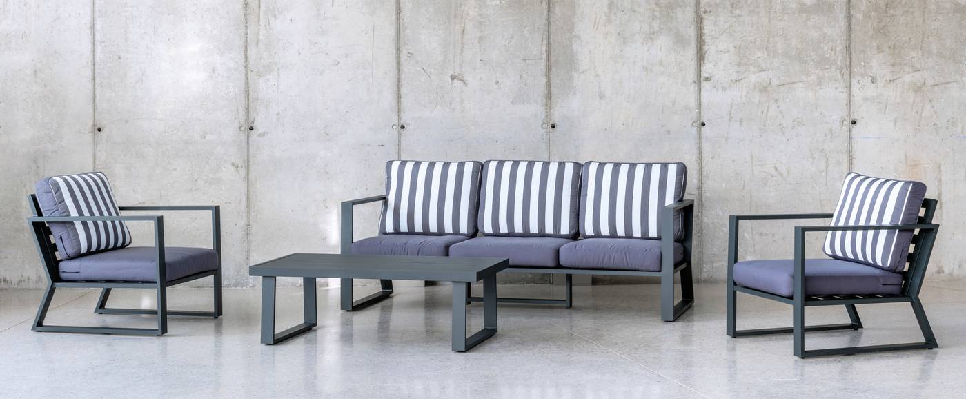 Set Aluminio Bolonia-8 - Conjunto aluminio  lujo: 1 sofá de 3 plazas + 2 sillones + 1 mesa de centro. Disponible en color blanco, plata, marrón, champagne o antracita.