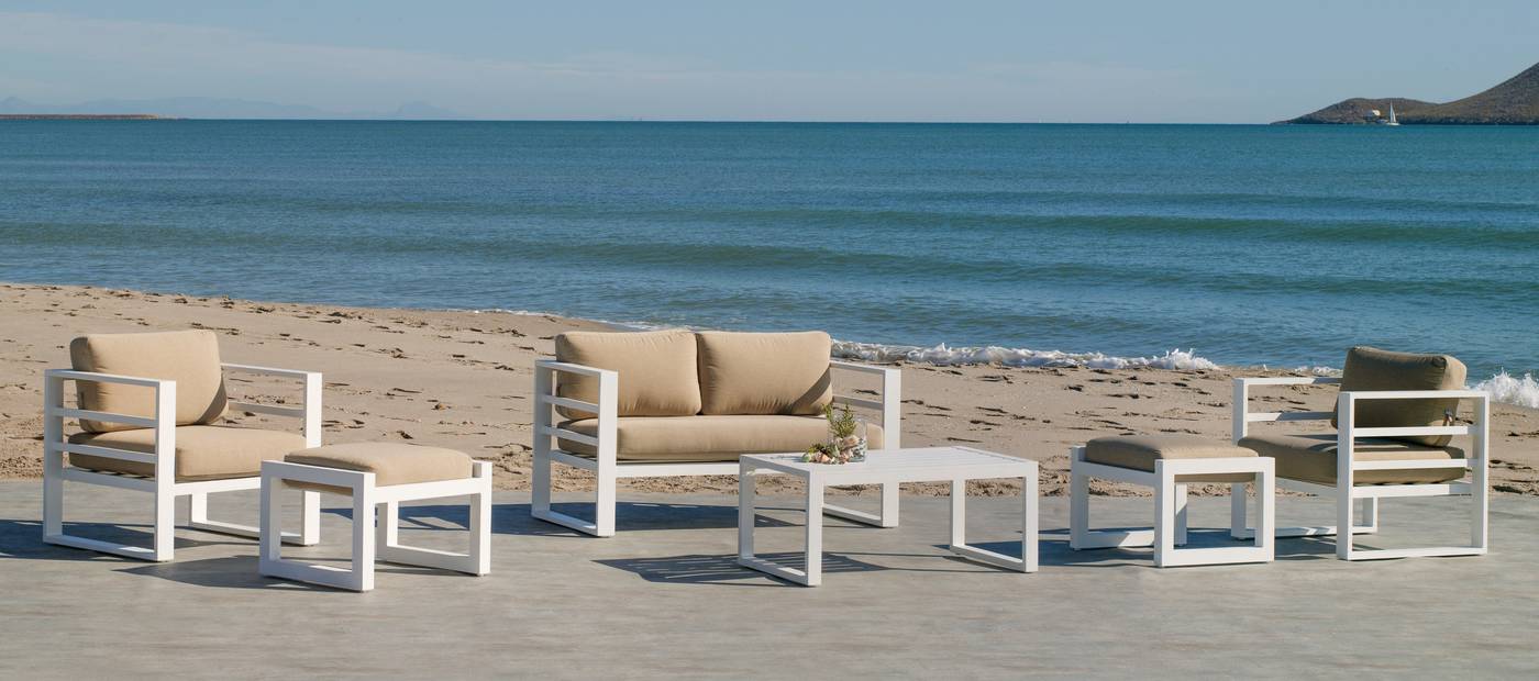 Conjunto de aluminio para jardín o terraza: sofá 2 plazas + 2 sillones + mesa de centro. Disponible en color blanco, antracita, champagne, plata o marrón.