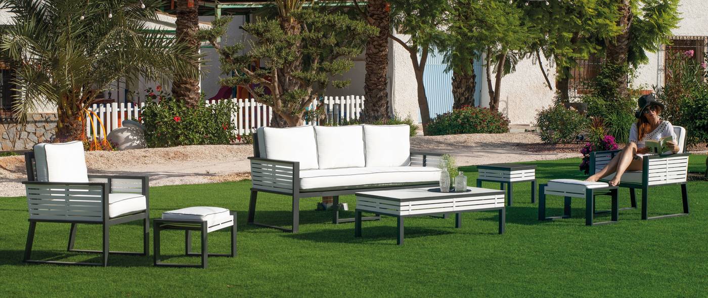 Taburete Luxe Alumino Diva-5 - Lujoso taburete/reposapiés de aluminio bicolor para jardín o terraza.