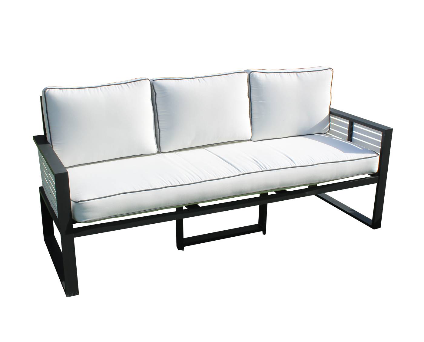 Lujoso sofá 3 plazas de alumnio bicolor, con cojines gran confort desenfundables.
