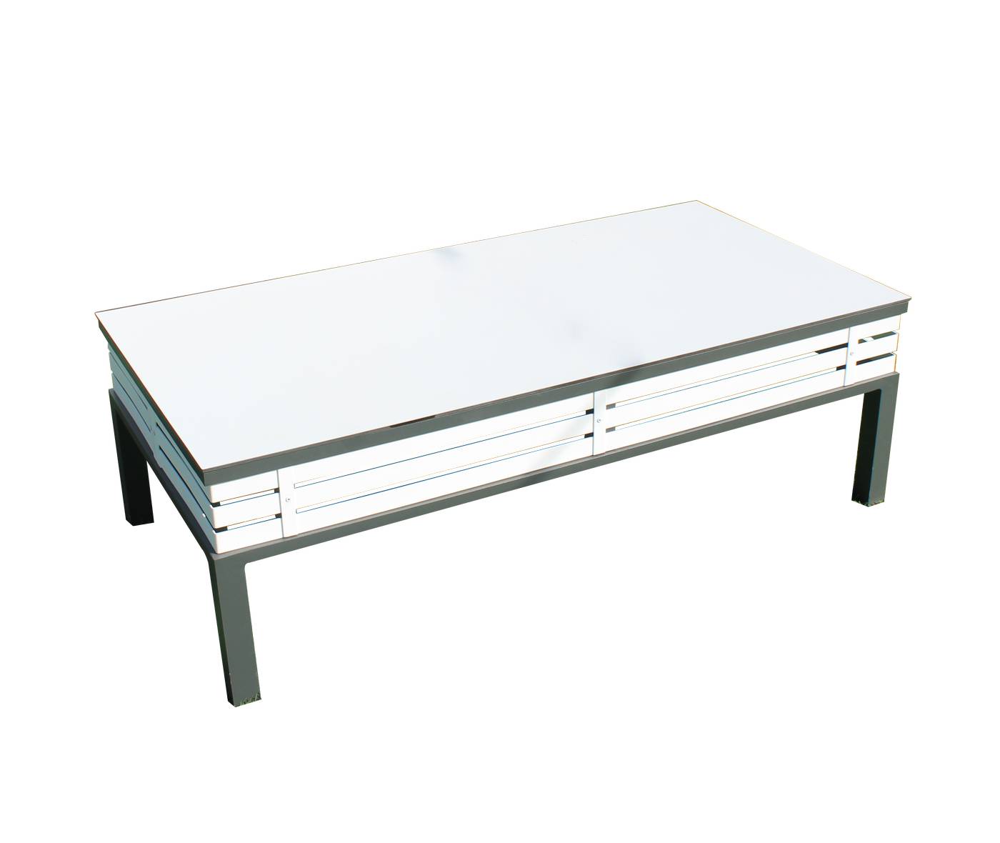 Lujosa mesa de centro rectangular de aluminio bicolor con tablero HPL de 120 cm.