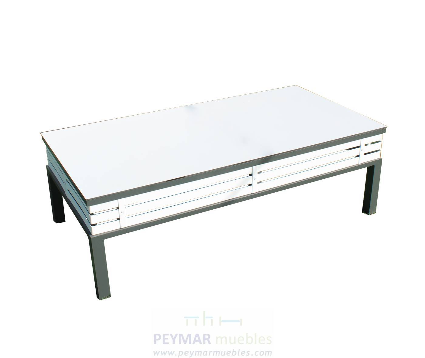 Lujosa mesa de centro rectangular de aluminio bicolor con tablero HPL de 135 cm.