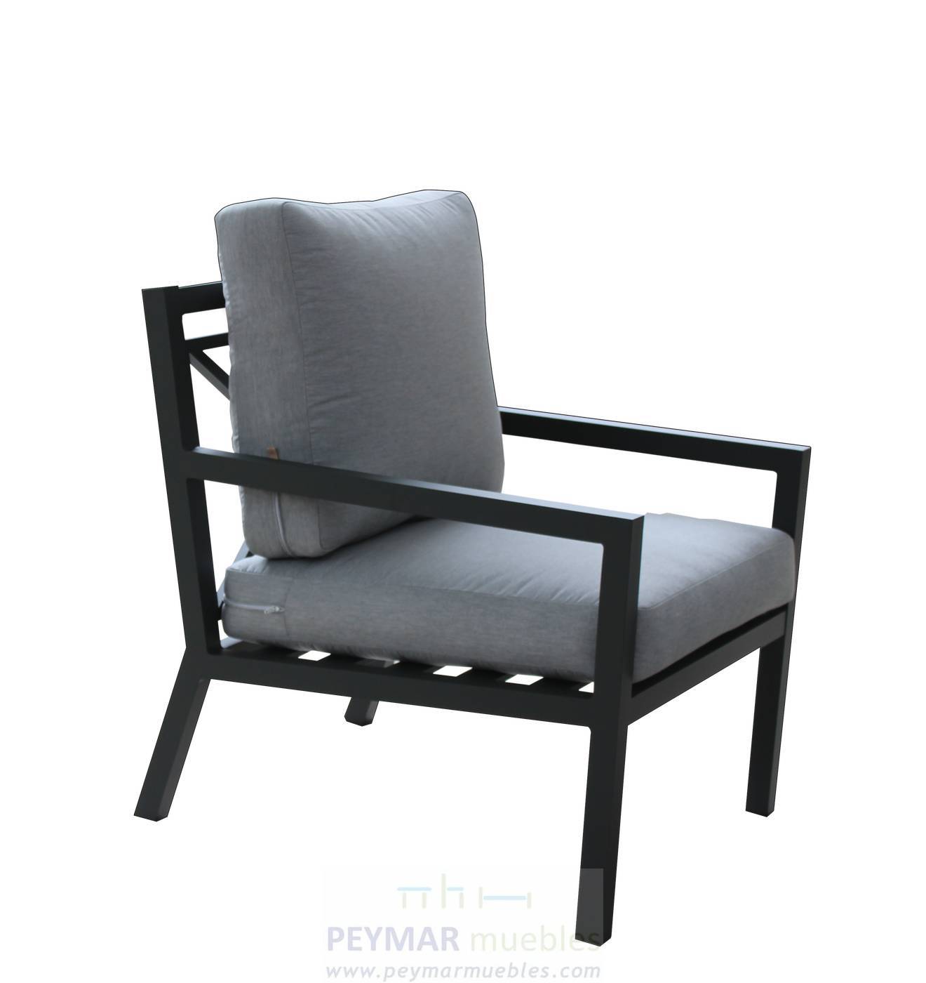 Set Aluminio Luxe Dounvil-10 - Conjunto de aluminio de lujo que incluye: un sofá tres plazas, dos sillones, una mesa de centro,  dos reposapiés y cojines. Estructura aluminio color blanco, antracita, champagne, plata o marrón.