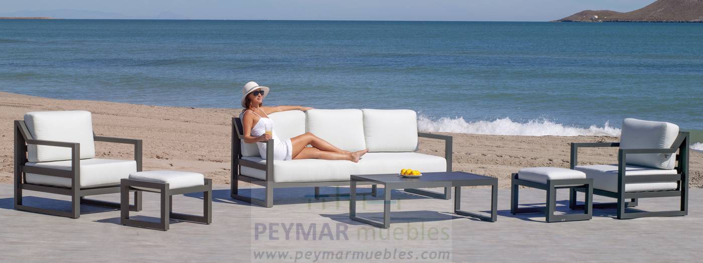 Lujoso conjunto de aluminio: sofá 3 plazas + 2 sillones + mesa de centro. Color conjunto: blanco, antracita o champagne.