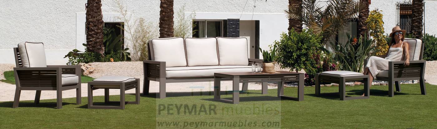 Set Aluminio Luxe Gala-10 - Exclusivo conjunto de alumnio bicolor: 1 sofá de 3 plazas + 2 sillones + 2 reposapiés + 1 mesa de centro.