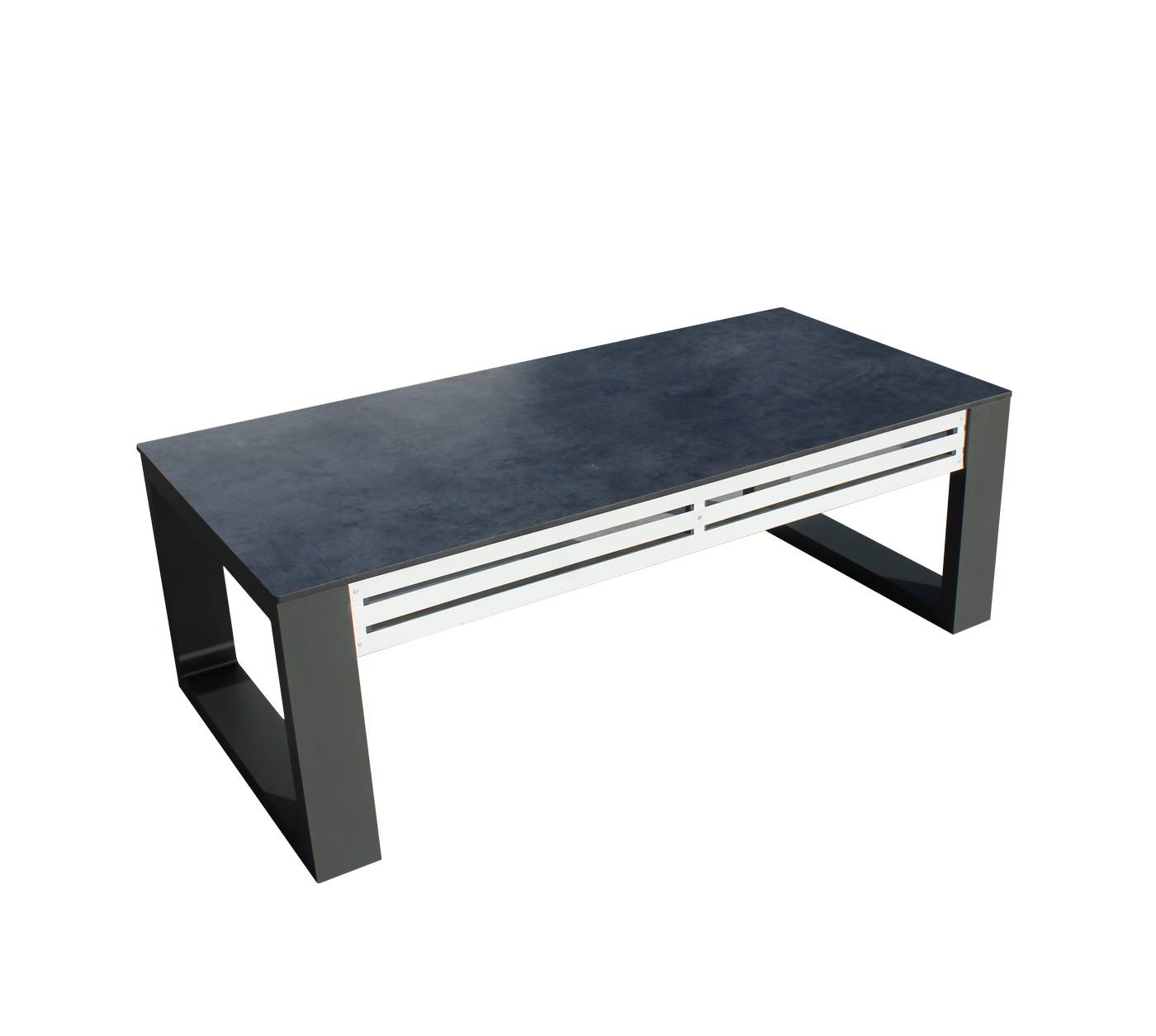 Exclusiva mesa de centro rectangular de aluminio bicolor con tablero HPL de 135 cm.
