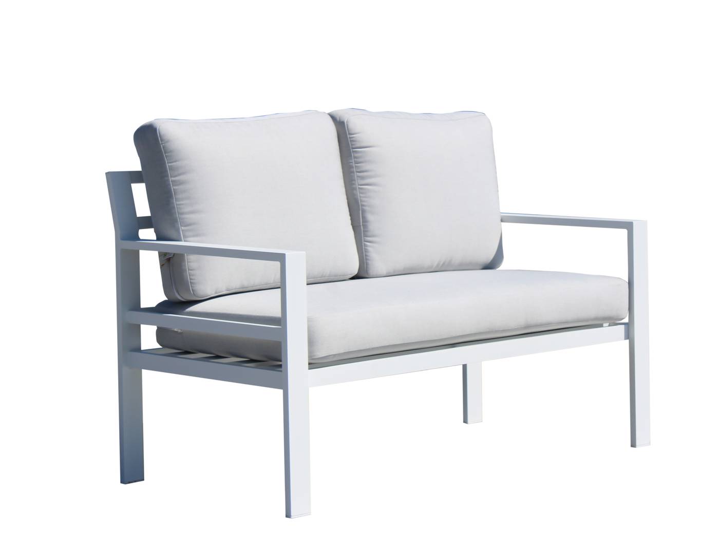 Sofá 2 plazas con cojines gran confort. Estructura de aluminio  de color blanco, antracita, champagne, plata o marrón.
