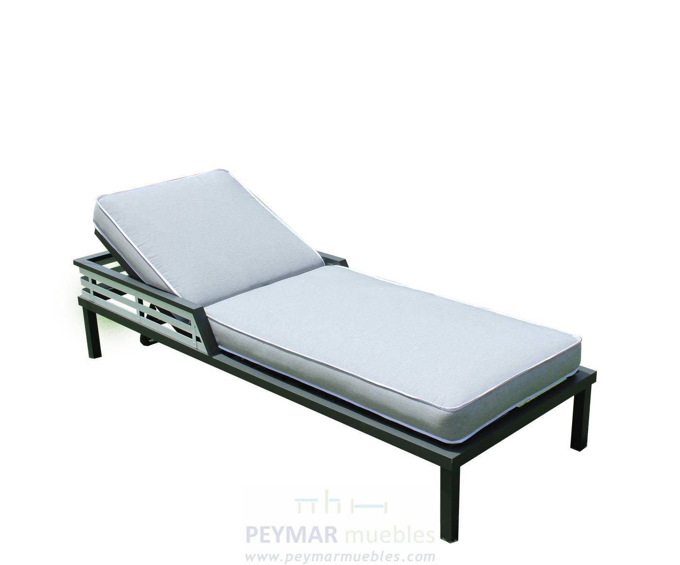 Exclusiva cama relax lujo con respaldo reclinable. Fabricada de aluminio bicolor. Con cojín desenfundable de 8 cm.