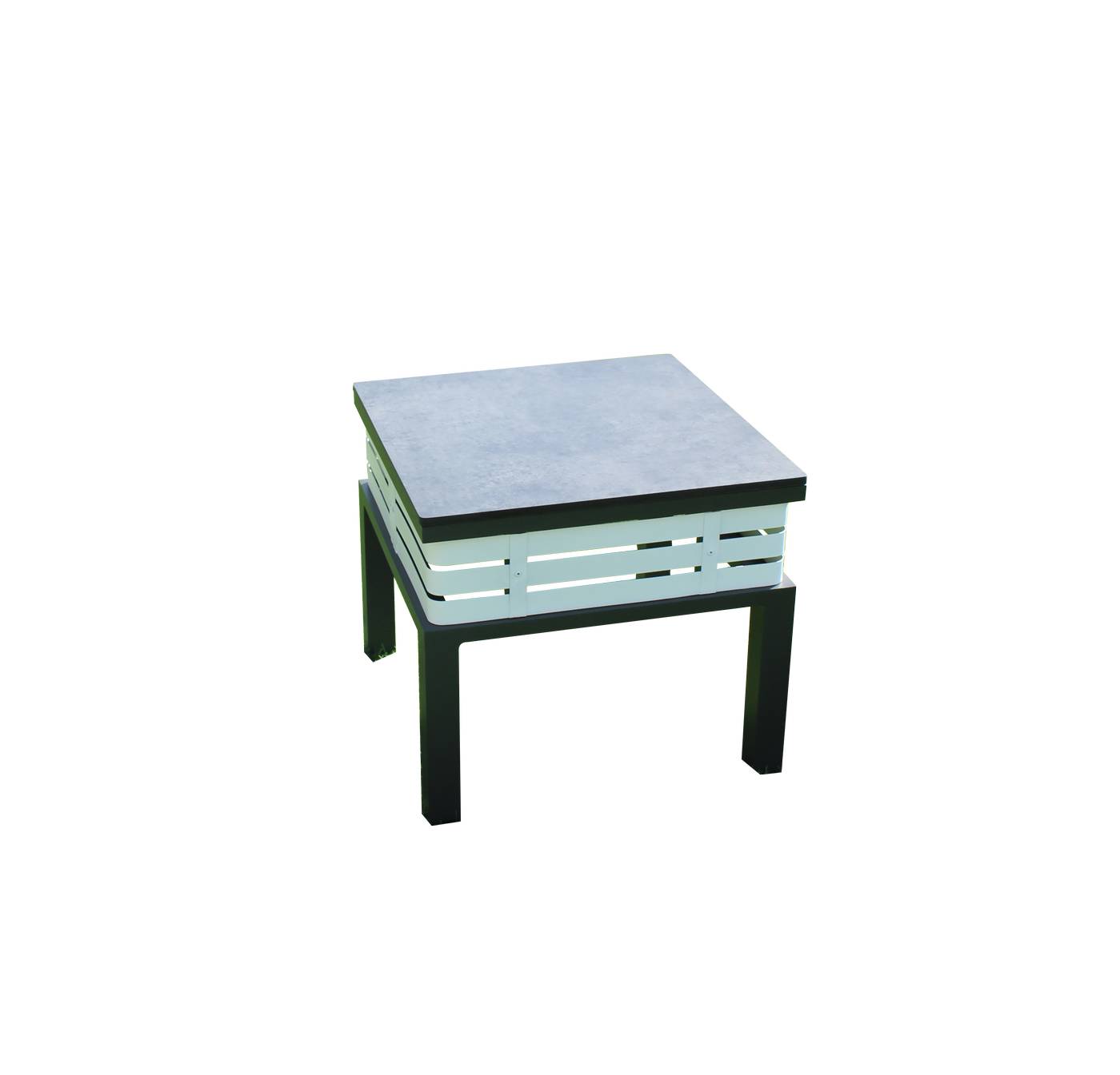 Exclusiva mesa auxiliar cuadrada, de aluminio bicolor, con tablero HPL de 50 cm.
