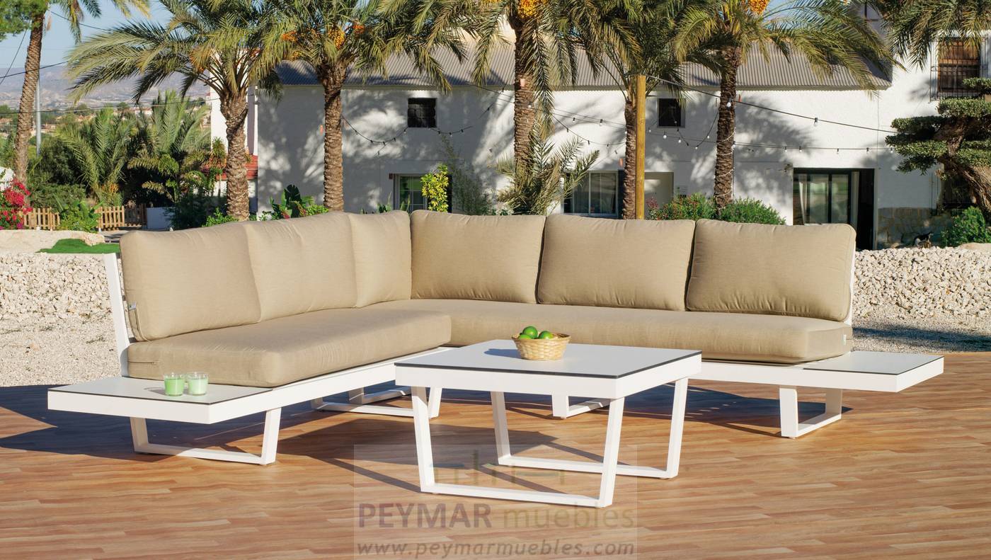 Rinconera luxe 5 plazas + mesa de centro tablero HPL. Estructura robusta de aluminio color blanco o antracita.