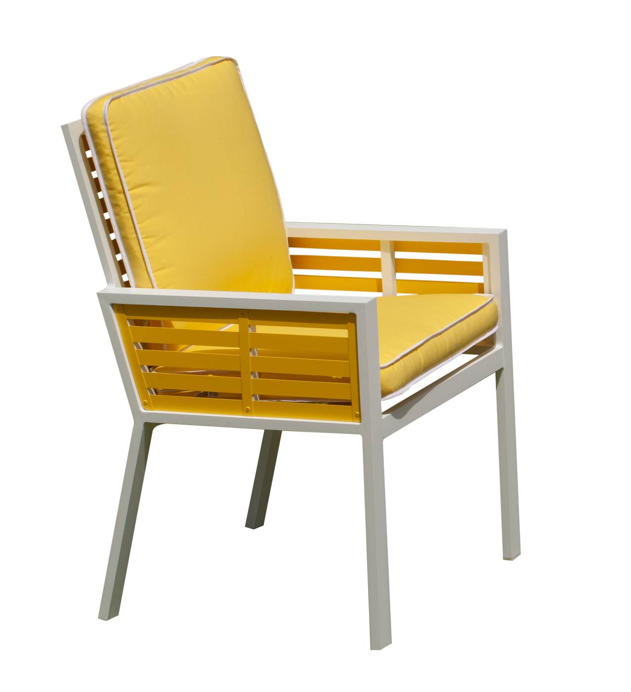 Exclusivo sillón de comedor de aluminio bicolor. Con cómodos cojines asiento y respaldo desenfundables.