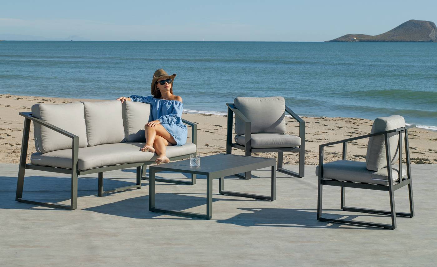 Conjunto aluminio para exterior: sofá 3 plazas + 2 sillones + mesa de centro. Fabricado de aluminio en color blanco, antracita, champagne, plata o marrón.
