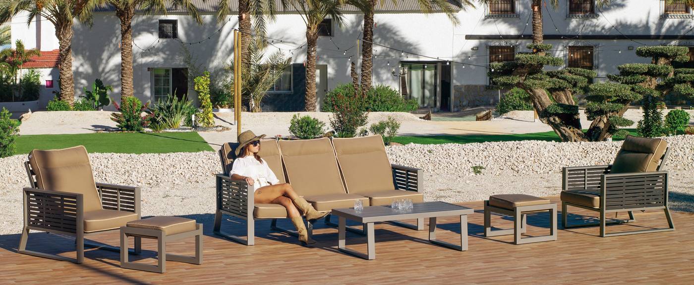 Set Aluminio Luxe Samira-10 - Exclusivo conjunto de alumnio bicolor: 1 sofá de 3 plazas reclinable + 2 sillones reclinables  + 2 reposapiés + 1 mesa de centro.