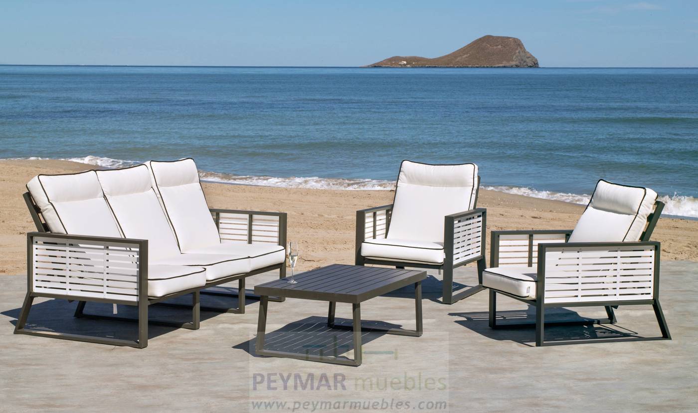 Exclusivo conjunto de alumnio bicolor: 1 sofá de 3 plazas reclinable + 2 sillones reclinables + 1 mesa de centro.