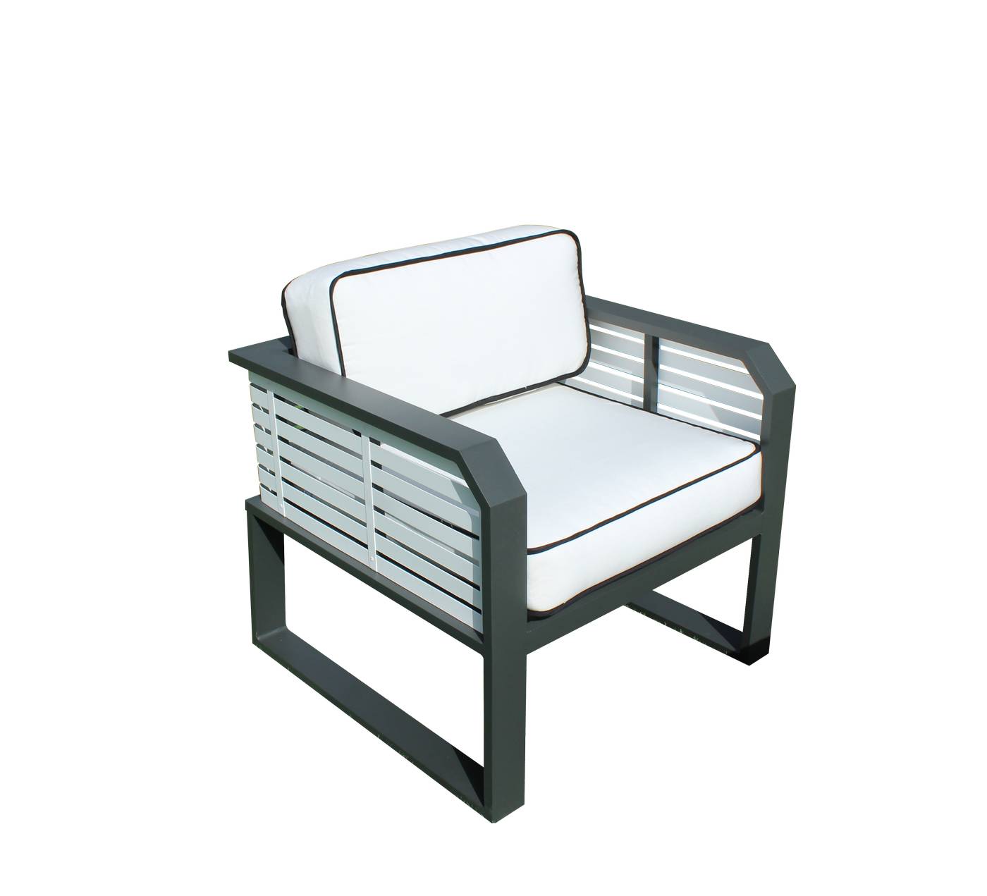Coqueto sillón relax de alumnio bicolor, con cojines gran confort desenfundables.