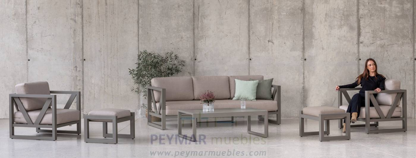 Lujoso conjunto de aluminio: sofá 3 plazas + 2 sillones + mesa de centro + 2 taburetes. Color conjunto: blanco, antracita, champagne, plata o marrón.