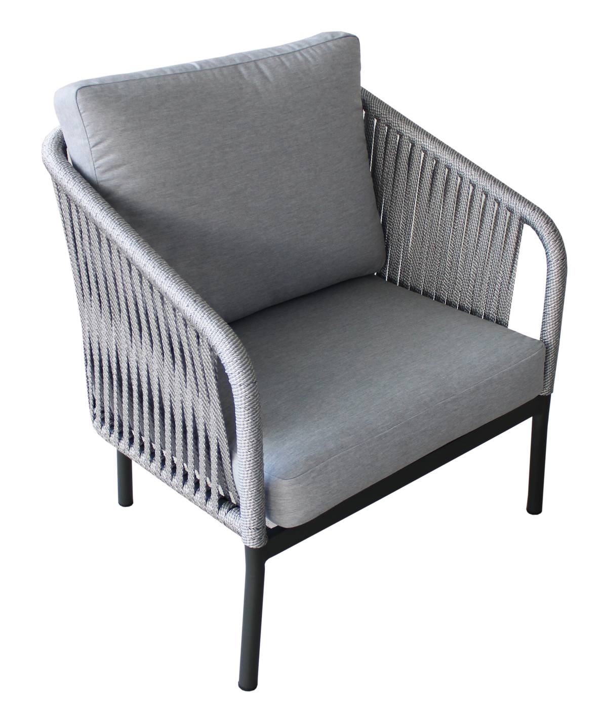 Set Cuerda Yina-10 - Conjunto aluminio color antracita y cuerda color gris: 1 sofá de 3 plazas + 2 sillones + 1 mesa de centro + 2 taburetes.