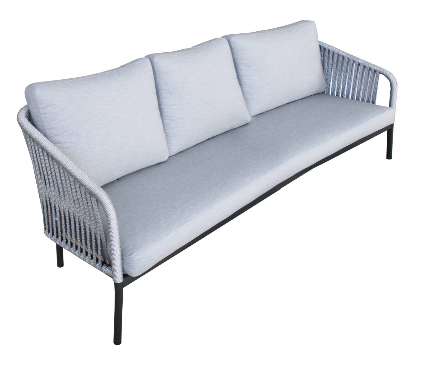 Sofá relax 3 plazas con cojines desenfundables. Estructura de aluminio color antracita recubierta de cuerda color gris.
