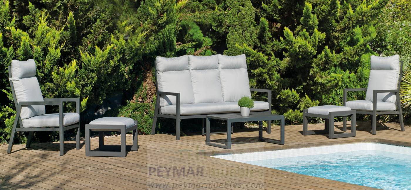 Set Aluminio Voriam-8 - Conjunto aluminio: sofá 3 plazas + 2 sillones + mesa de centro. Respaldos reclinables. Colores: blanco, plata, antracita o bronce.
