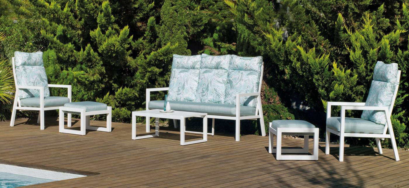 Set Aluminio Voriam-10 - Conjunto aluminio: sofá 3 plazas + 2 sillones + mesa de centro + 2 taburetes + cojines. Respaldos reclinables. Colores: blanco, plata, antracita o bronce.