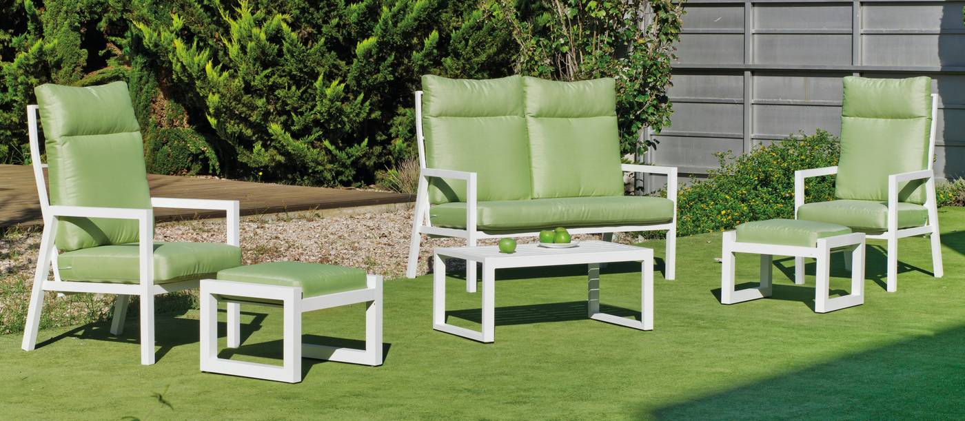 Set Aluminio Voriam-7 - Conjunto aluminio: sofá 2 plazas + 2 sillones + mesa de centro. Respaldos reclinables. Colores: blanco, antracita, champagne, plata o marrón.